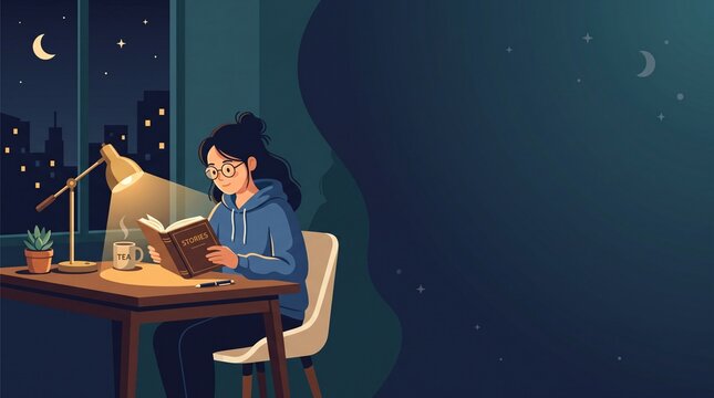 Young woman wearing glasses sitting at desk reading book under lamp light by window at late night