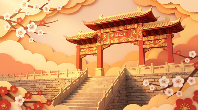 3d illustration of a traditional chinese gate with plum blossoms and clouds, symbolizing prosperity and happiness