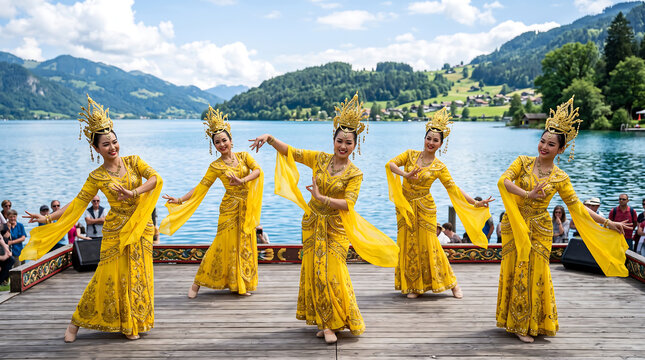 A group of five women performing a traditional southeast asian dance on a wooden stage by a lake with mountains in the background