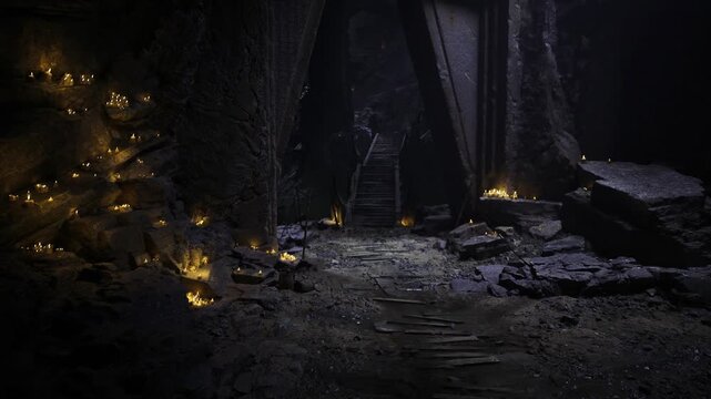 archaeologist inspects candlelit stone passage, careful gestures near carved lintel, dust motes drifting through narrow beam, scattered relics and mossy rocks,