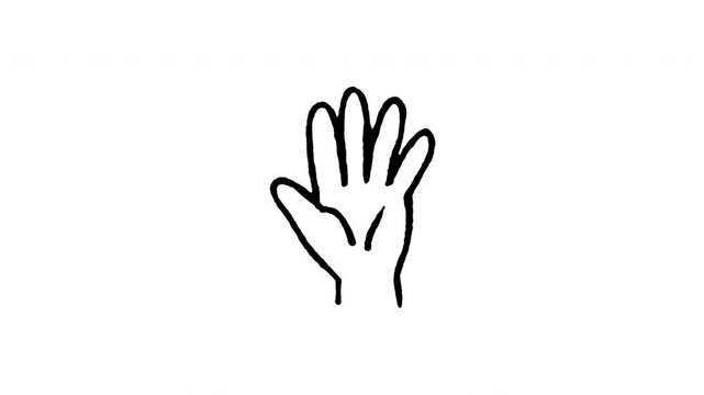 Hand drawn 4K open palm hand doodle animation with boiling line effect. Frame by frame outline on black and green screen backgrounds, perfect for stop gesture, high five pose, open hand sign.