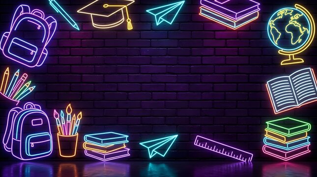 Back to school neon sign frame with educational icons on a dark brick wall background