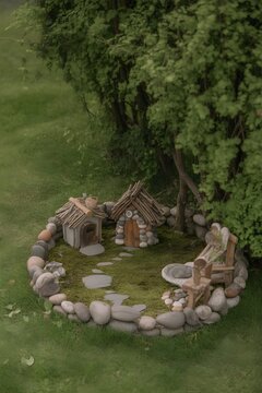 Two small handmade fairy houses made of pebbles and twigs inside a circular stone border on green grass, with miniature stone path and wooden bench under a lush tree.