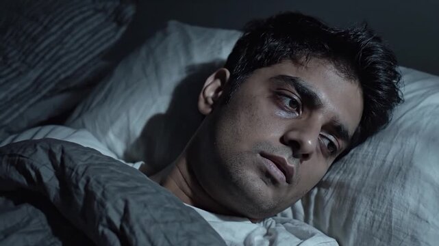 Man Tossing And Turning In Bed At Night Experiencing Insomnia