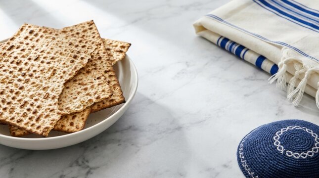 Traditional passover elements: matzah, kiddush cup, tallit, and yarmulke on marble table with copy space