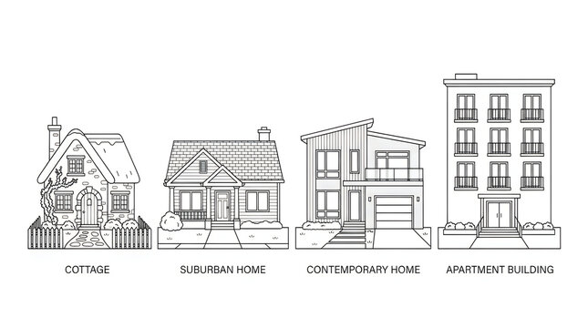 Four different types of house architectural styles illustration