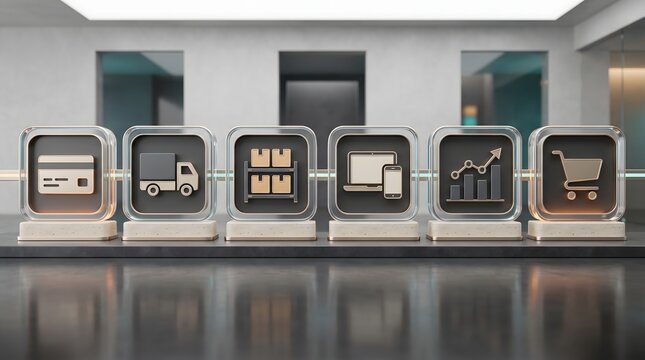 Ecommerce infrastructure ecosystem displaying digital supply chain modules and retail analytics icons in modern office