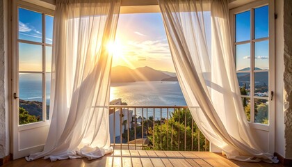 Obraz premium Golden sunset light streams through open balcony doors with blowing white curtains, revealing a peaceful ocean view. This serene room offers a tranquil summer escape. Nobody around.