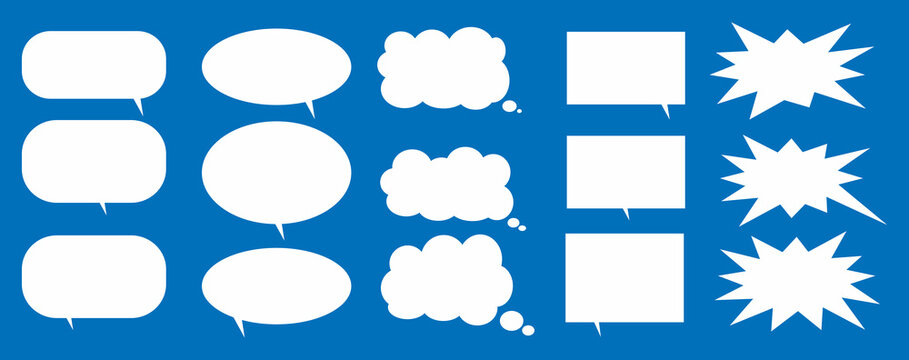 A set of chat box designs for comments on social media or comics. Vector designs of speech bubbles, text boxes, and conversation chat columns in comics.