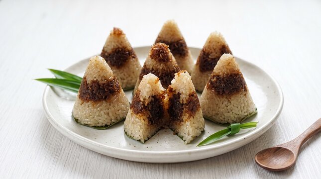 Indonesian ketan unti kelapa, cone shaped glutinous sticky rice with one cut in half showing sweet palm sugar coconut filling on plate.