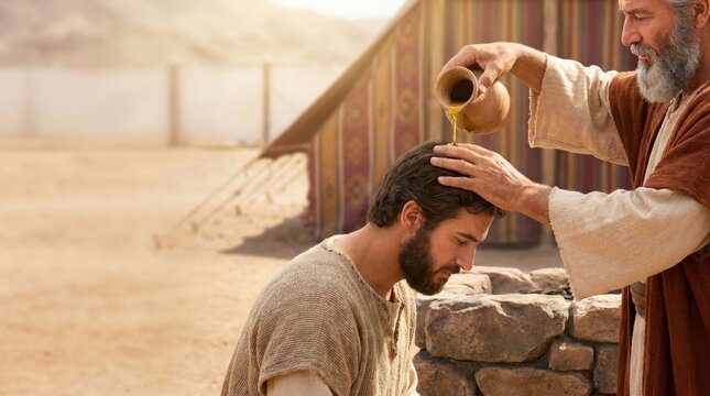 Anointing a man's head with oil in a desert setting, a symbolic ritual of consecration and blessing with religious and historical significance
