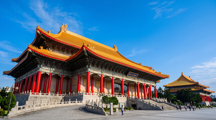 Fototapeta premium National chiang kaishek memorial hall in taipei, taiwan, featuring traditional chinese architecture with a golden roof and red pillars against a clear blue sky
