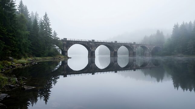 Foggy bridge over calm river surrounded by trees.