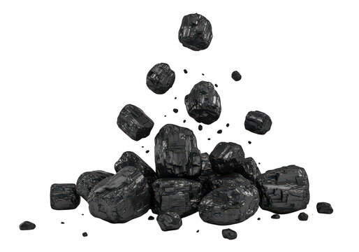 Pile of fractured anthracite coal fragments on transparent background carbon rocks