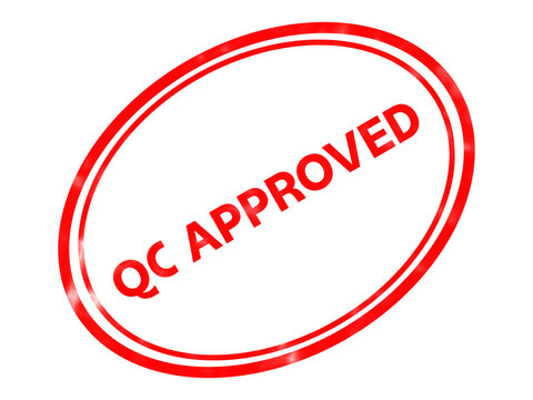 Red QC Approved rubber stamp icon, quality control certification mark, oval industrial inspection seal for manufacturing and business