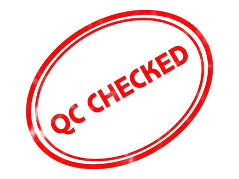 Red QC Checked rubber stamp illustration, quality control assurance seal, oval industrial inspection mark for manufacturing and logistics