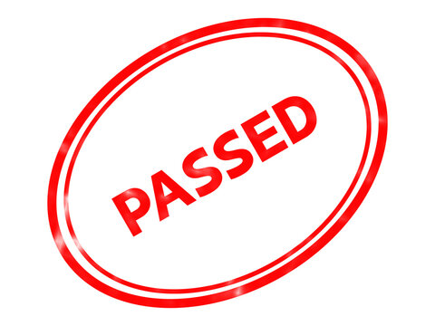 Red passed rubber stamp icon, oval quality control seal, approved certification mark for business documents and inspection validation