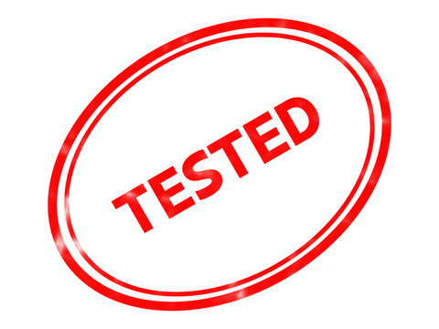 Red tested rubber stamp icon, oval quality assurance seal, verified product certification mark for business and manufacturing