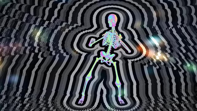 Iridescent glowing skeleton dances inside a hypnotic black and white wavy tunnel in a psytrance 3D motion background for Halloween DJ visuals