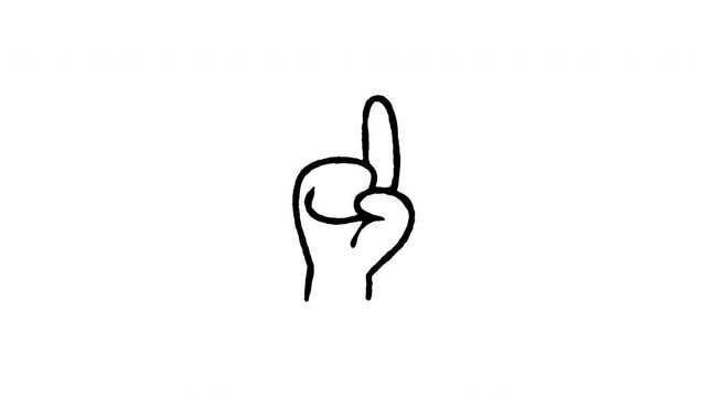 4K animated point up index finger doodle icon with boiling line motion. Frame by frame line art on black and green screen chroma key background for pointing upwards, number one, ASL D sign.