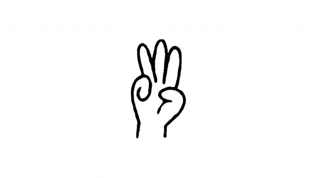 4K hand drawn scout promise icon featuring boiling line animation. Frame by frame line art on black and green screen backgrounds for three fingers up gesture, boy scout honor sign, ASL W letter.