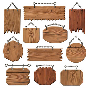 Set of rustic wooden hanging signs in different shapes isolated on transparent background, illustration
