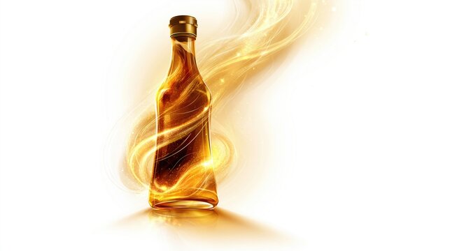 Growth Concept Golden Bottle with Swirling Light Trails and Sparkles on White Background