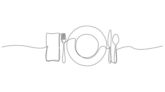 animated continuous line art illustration of a place setting featuring plate, fork, knife, spoon and napkin. restaurant menu, dining, catering, food and culinary concepts. line art animation