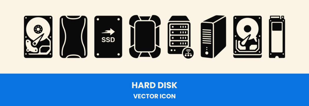 Computer Storage Device Icons Set: HDD, SSD, NAS, External Hard Drive Vector Icons