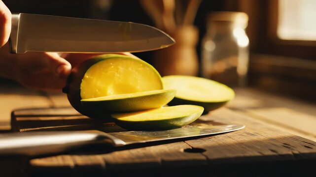 Hands slicing fresh mango on wooden cutting board