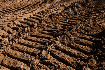Heavy industrial tire tracks and crawler protector tread marks on wet muddy soil earth background at construction site field countryside dirt road agriculture landscape texture nobody closeup © Tina