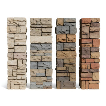 Four different textured stone wall pillars for construction isolated on transparent background, illustration