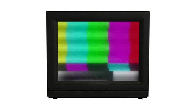 Vintage television set displaying colorful test pattern bars on the screen isolated on white background