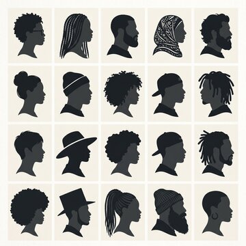 Diverse silhouettes of people with different hairstyles and headwear
