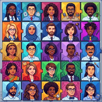 Diverse group of professional people pixel art character portraits