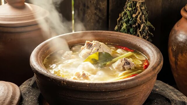Steaming hot traditional meat soup in clay pot