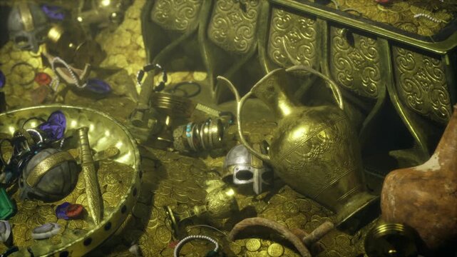 scattered gold and pottery shards around overturned chest, archaeological dust and patina highlight ancient inscriptions and ceramic urns, excavation site mood