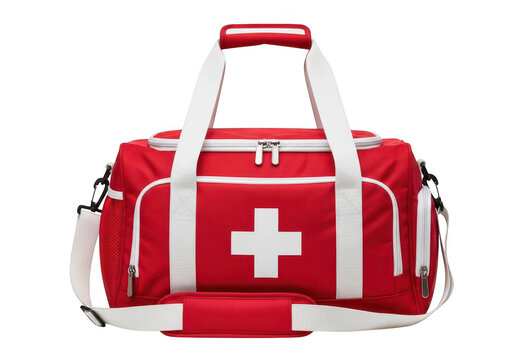 Red medical bag with white cross emblem on transparent background firstaid