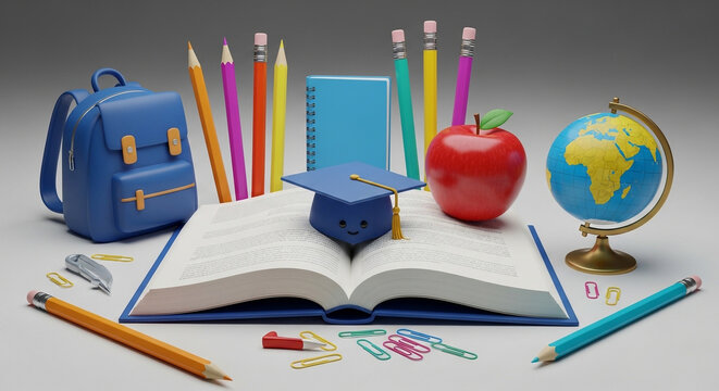 Educational concept with a blue backpack open book graduation cap globe apple colorful school supplies learning process still life
