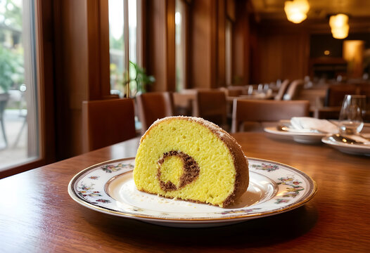 Slice of swiss roll cake with chocolate cream filling and powdered sugar on a decorative plate in a restaurant, the cake is presented on a wooden table in a restaurant setting with blurred