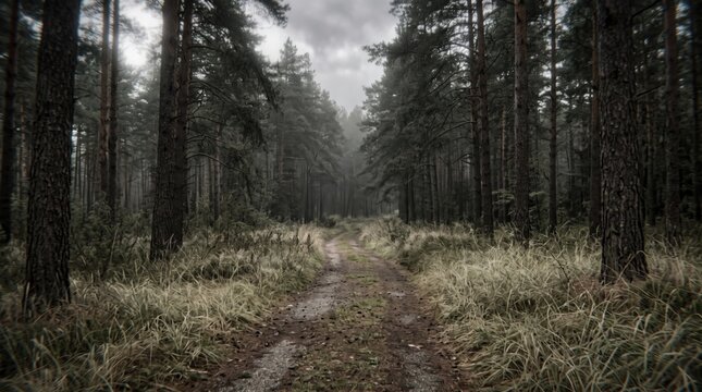 Misty Forest Path: A winding dirt path meanders through a dense, dark pine forest shrouded in a mystical mist, with tall trees lining either side and dry grass encroaching on the trail.