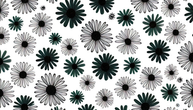 hand drawn doodle daisy flower seamless pattern in black and green outline style artwork