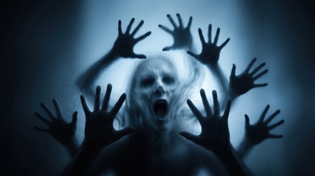 Terrorized Soul: A person's face, contorted in a silent scream, is surrounded by a multitude of shadowy hands pressing against a frosted glass-like surface.