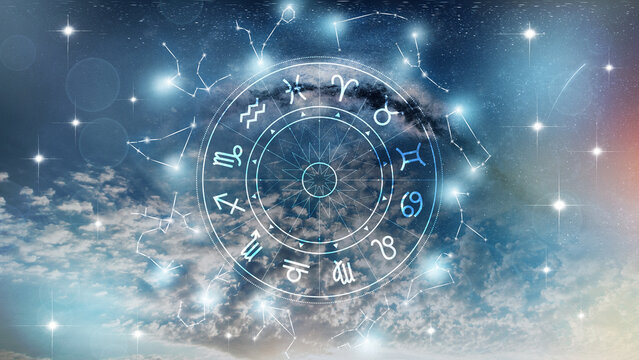 Astrology zodiac signs and constellations illustrated in night sky with clouds