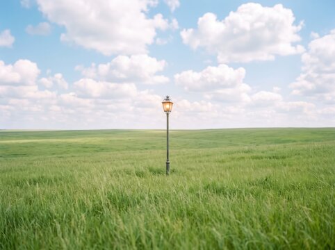 A Solitary Lamp Post in a Verdant Field: An old-fashioned lamp post stands alone in a vast, windswept green field under a bright, cloud-dotted blue sky, evoking a sense of isolation and rustic charm.