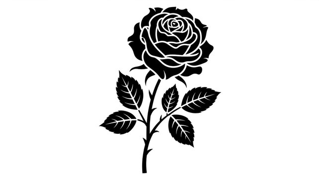 A elegant black and white silhouette illustration of a single blooming rose flower with detailed leaves and stem on white background