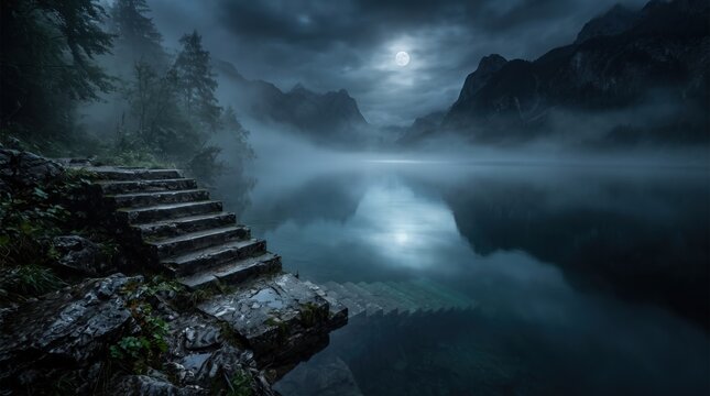 Misty Moonlit Lake: Ancient stone steps lead towards a tranquil, mist-shrouded lake under a full moon, creating an atmosphere of serene mystery and ethereal beauty.