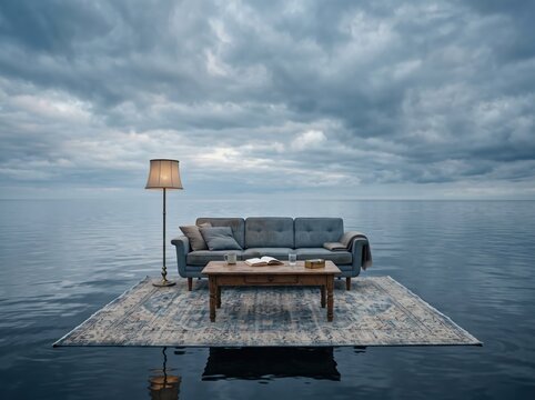 Surreal Seclusion: A living room set, complete with a sofa, coffee table, and lamp, floats mysteriously in the vast expanse of a calm ocean under a dramatic cloudy sky. A rug anchors the scene.