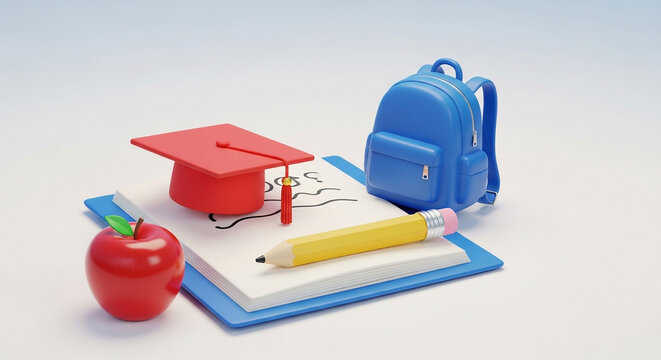3D back to school composition with graduation cap notebook pencil backpack and apple isolated on white background education graduation