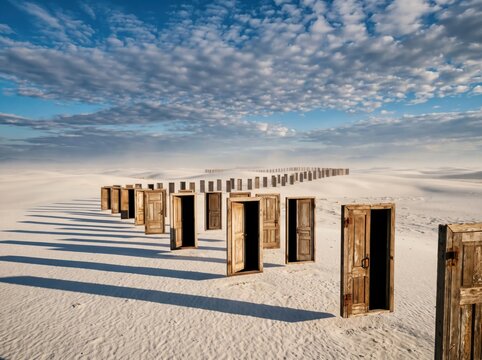 Endless Opportunities: An surreal landscape unfolds with a row of weathered wooden doors standing open in a vast, sandy expanse under a dramatic sky, suggesting choices and new beginnings.